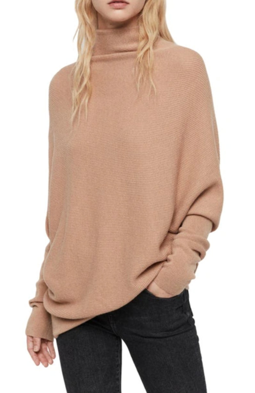 Allsaints Funnel Neck Tan Ridley Wool Sweater Size Small